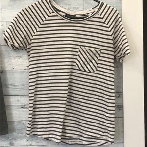 White Black Striped Tee With Small Front Pocket